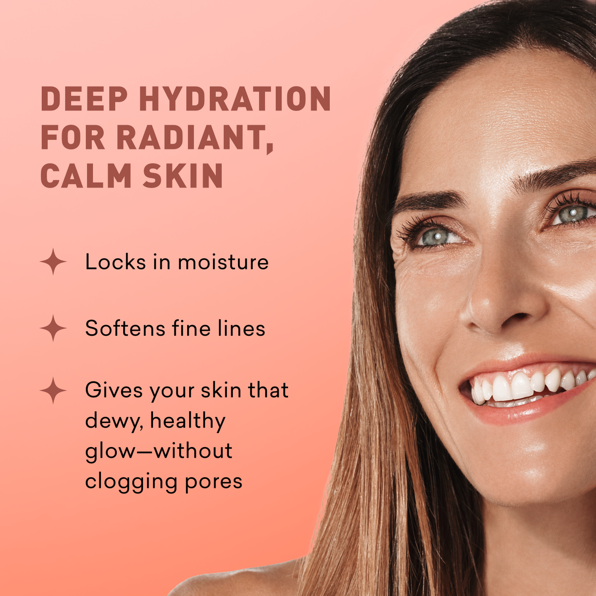 Woman with radiant skin on a pink background with text about deep hydration for skin.