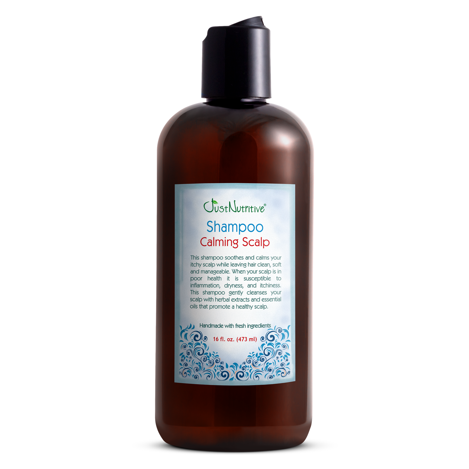 Brown shampoo bottle with a label on a white background