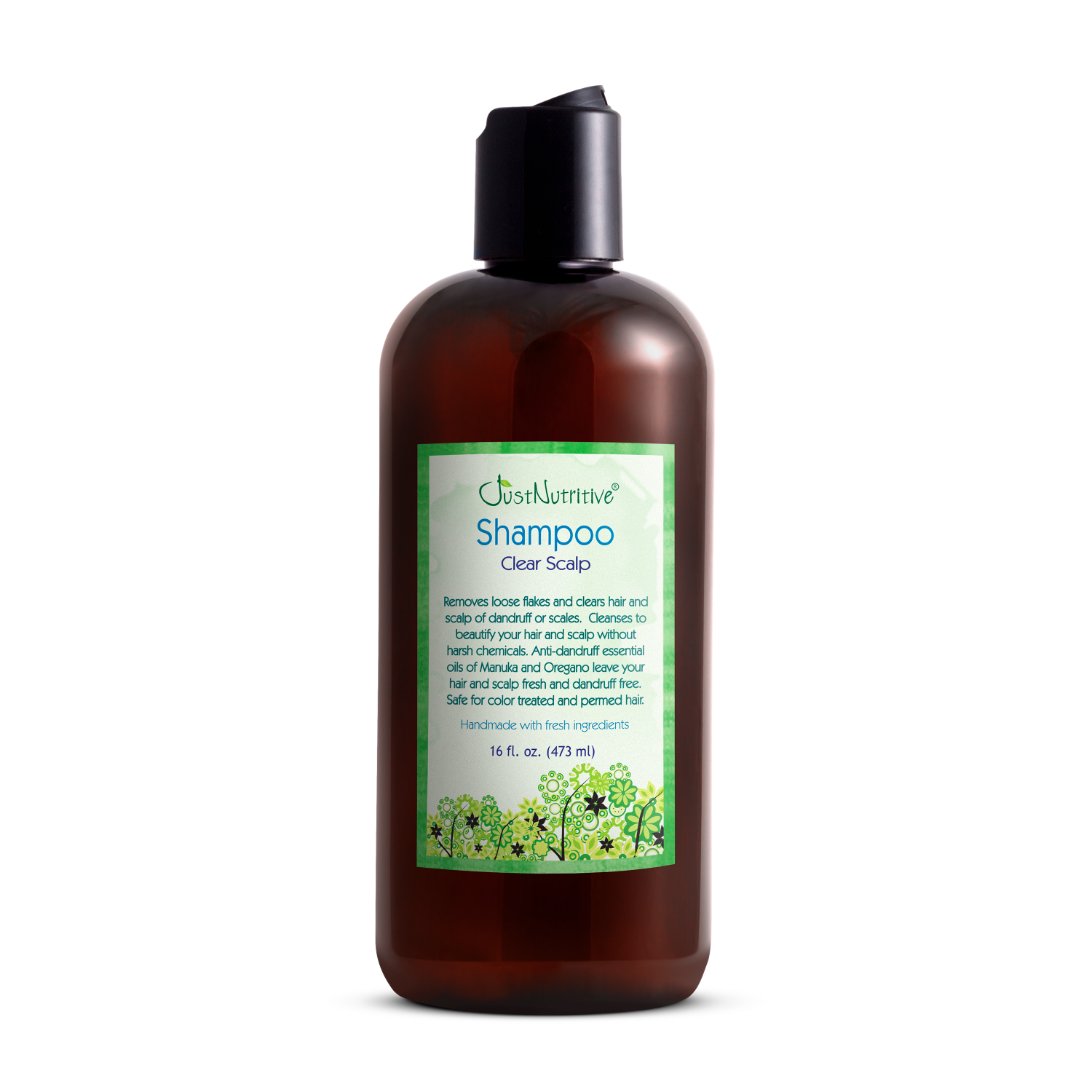 Brown shampoo bottle with a green label on a white background