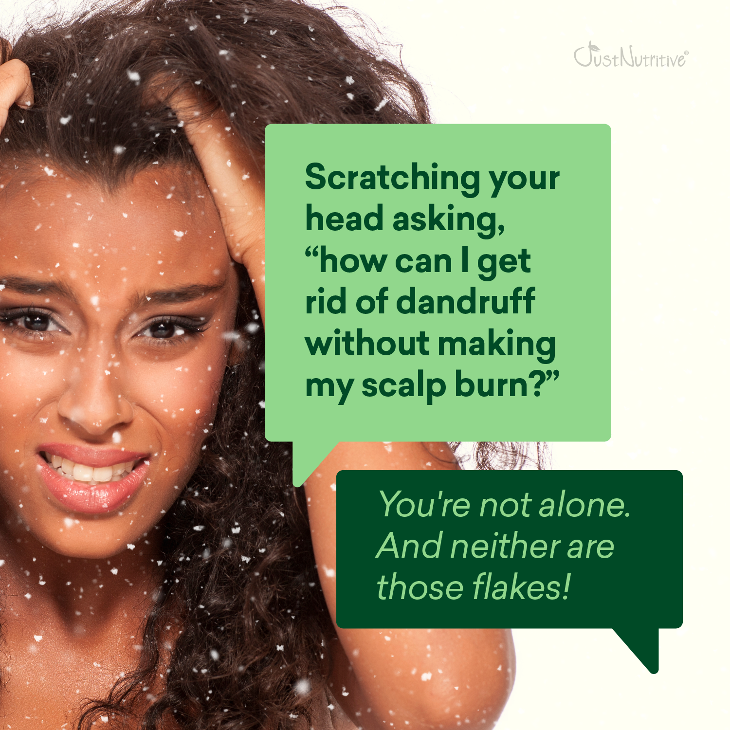 Woman with dandruff and text about dandruff relief