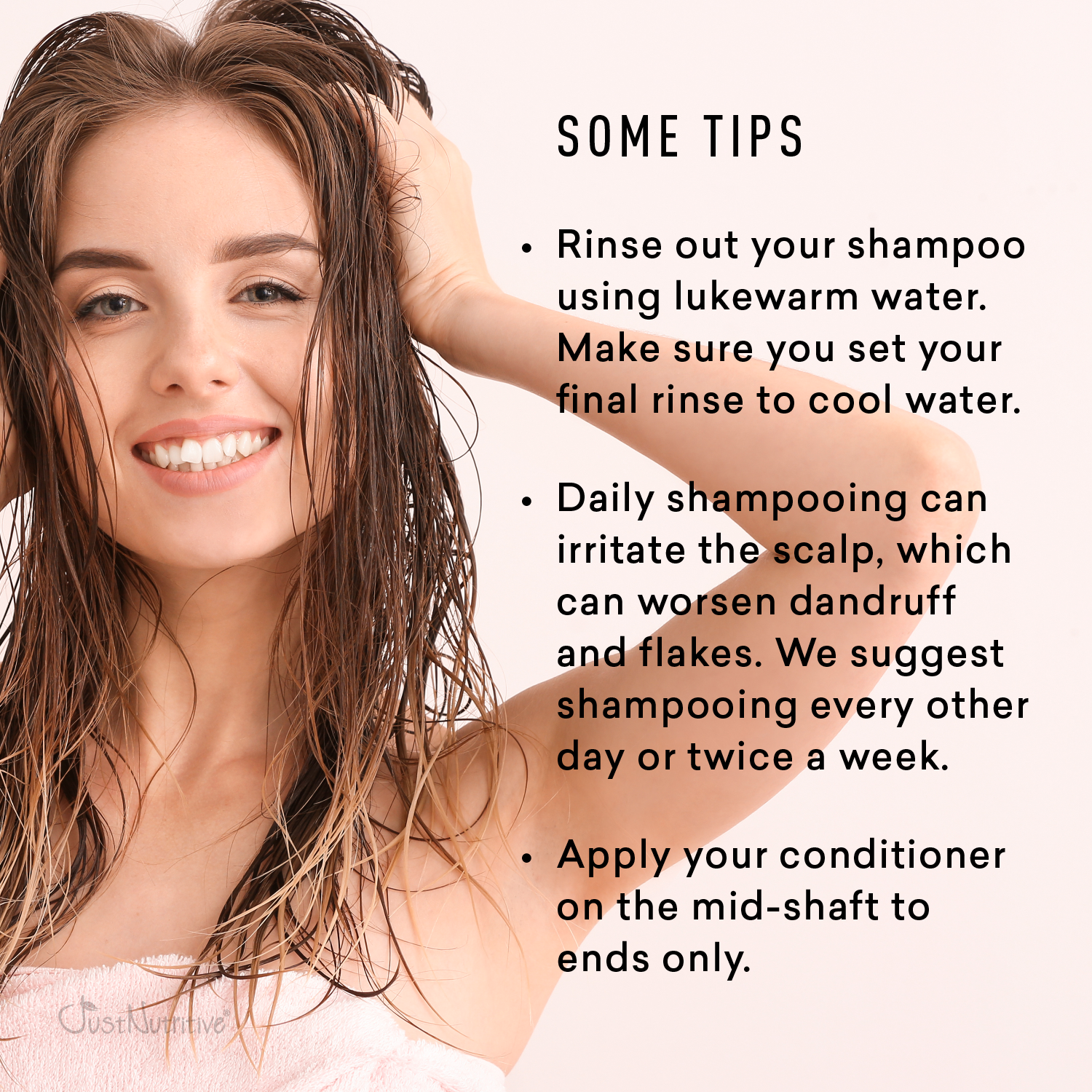 Woman with wet hair and shampooing tips text overlay
