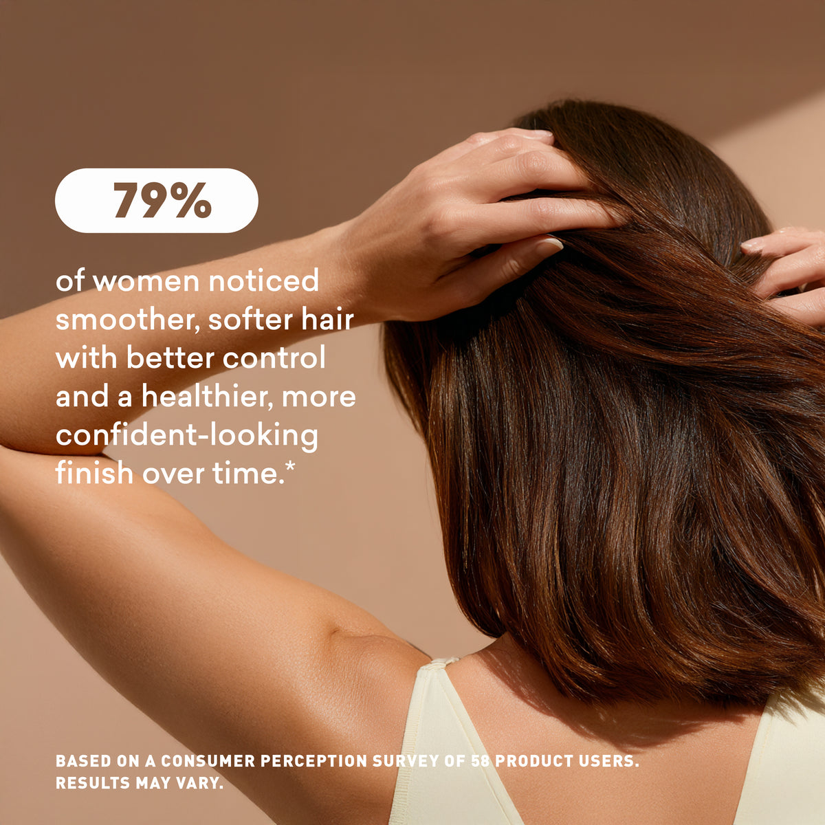 Woman with smooth, healthy hair against a beige background with text about hair product effectiveness.