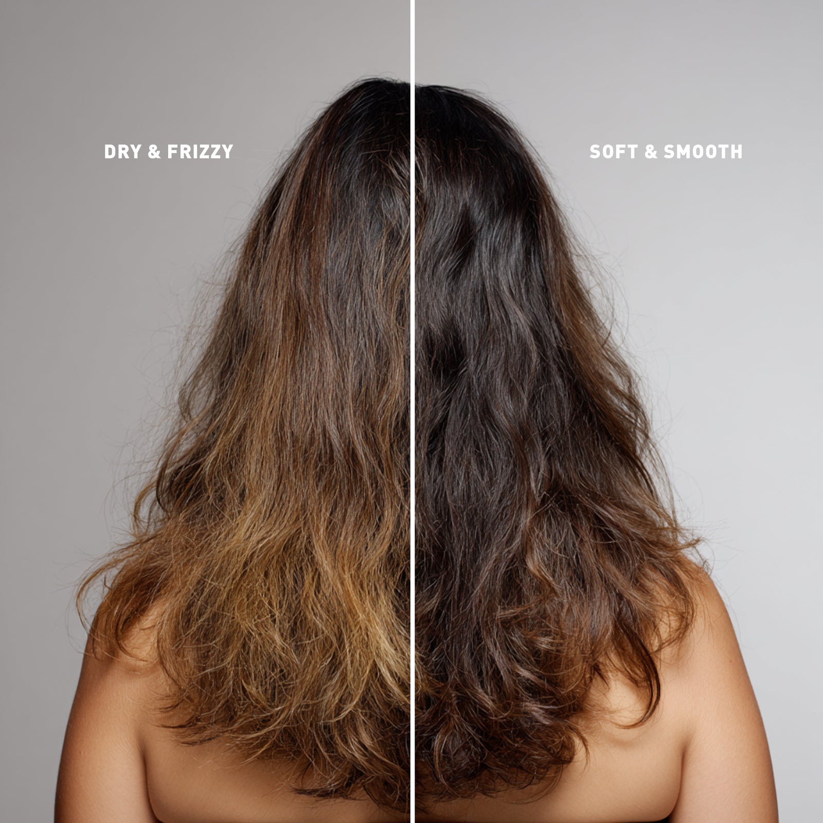 Comparison of dry and frizzy hair on the left versus soft and smooth hair on the right, against a neutral background.