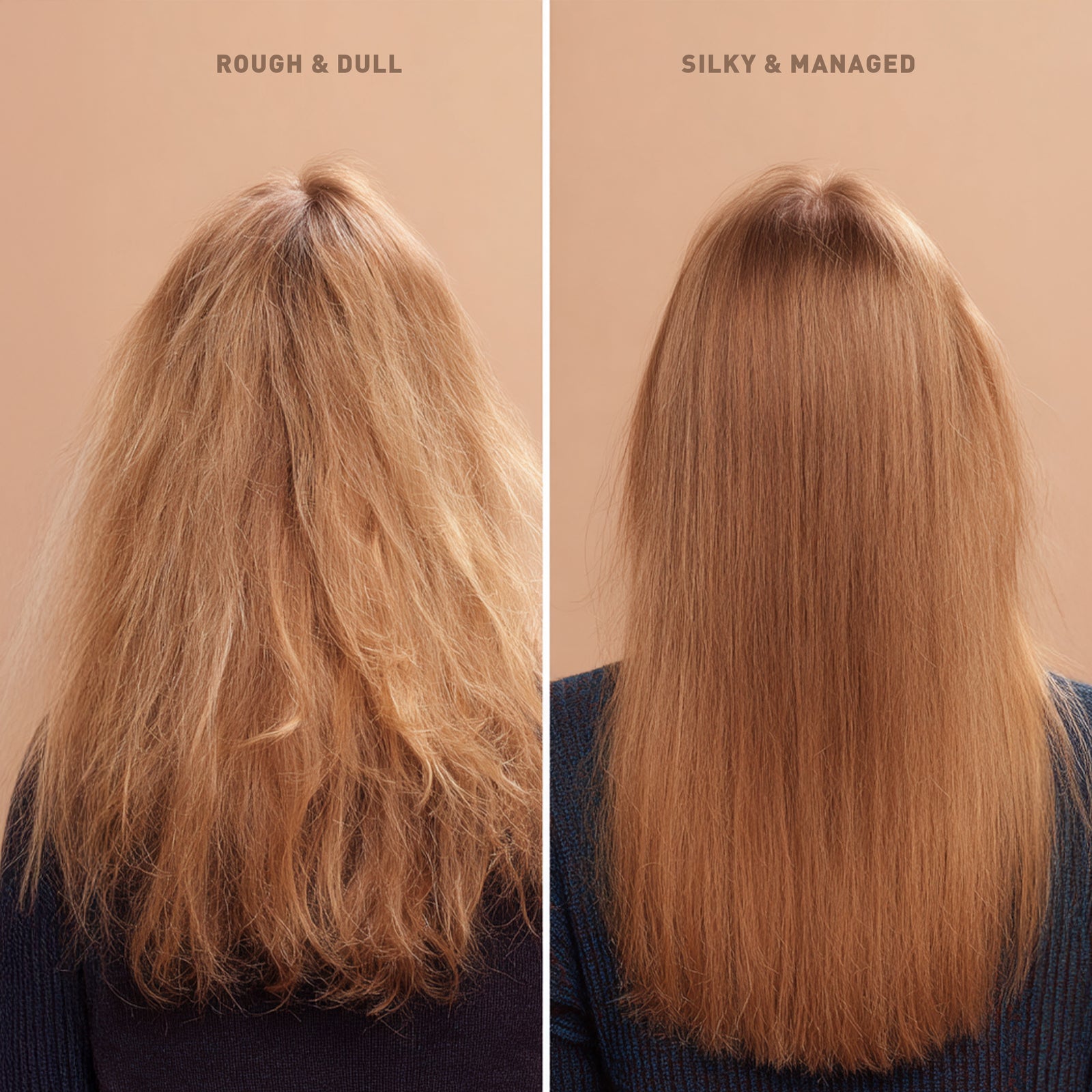 Comparison of rough and dull hair vs. silky and managed hair on a person.
