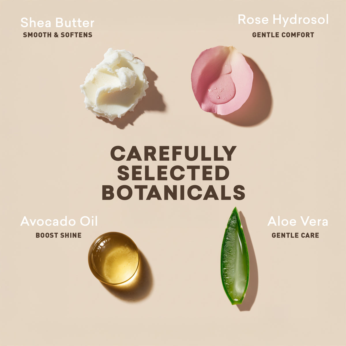 Collection of skincare ingredients with labels on a beige background