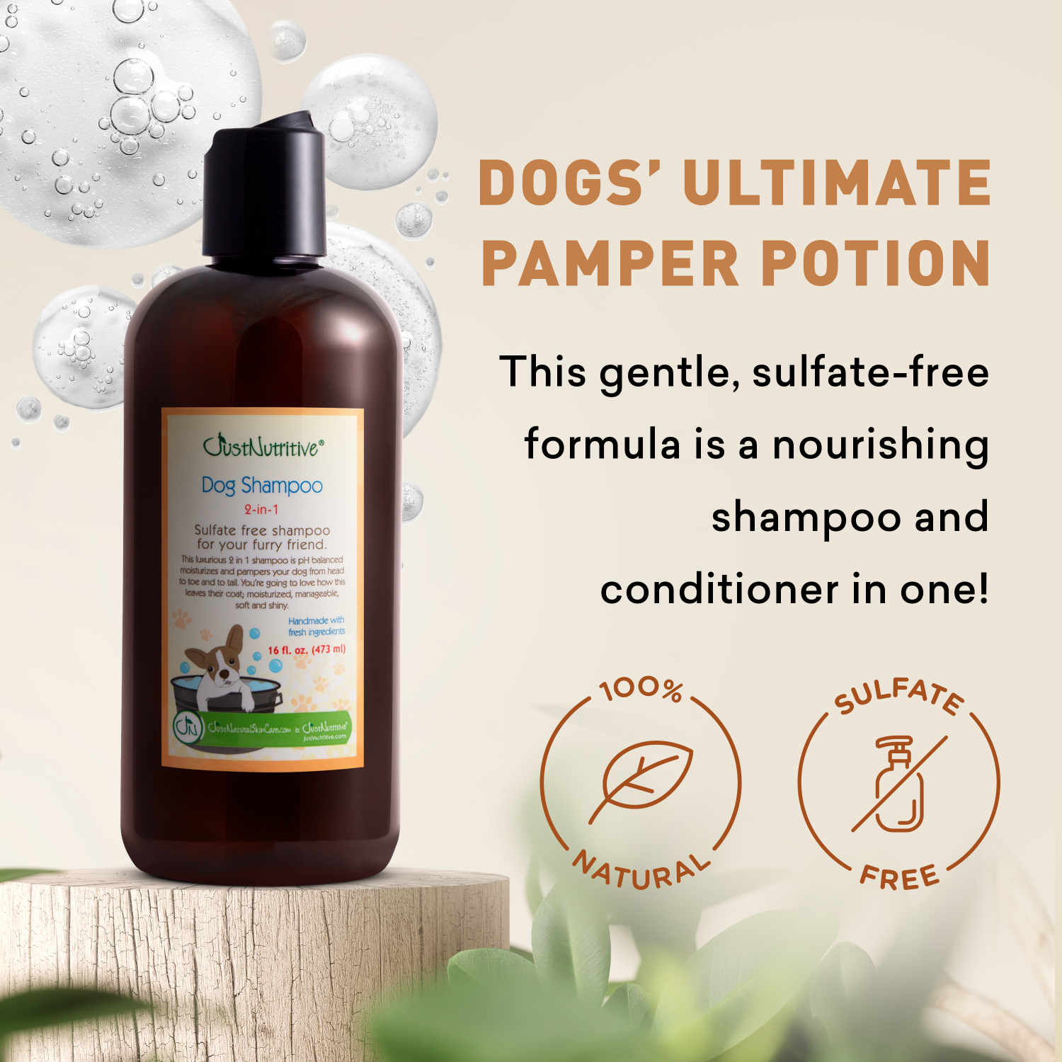 Dog shampoo bottle with packaging label on a beige background with text about the product.
