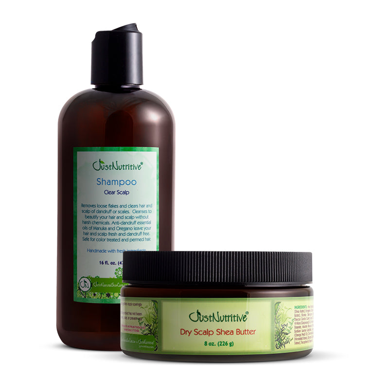 Just Nutritive shampoo bottle and dry scalp shea butter jar on a white background
