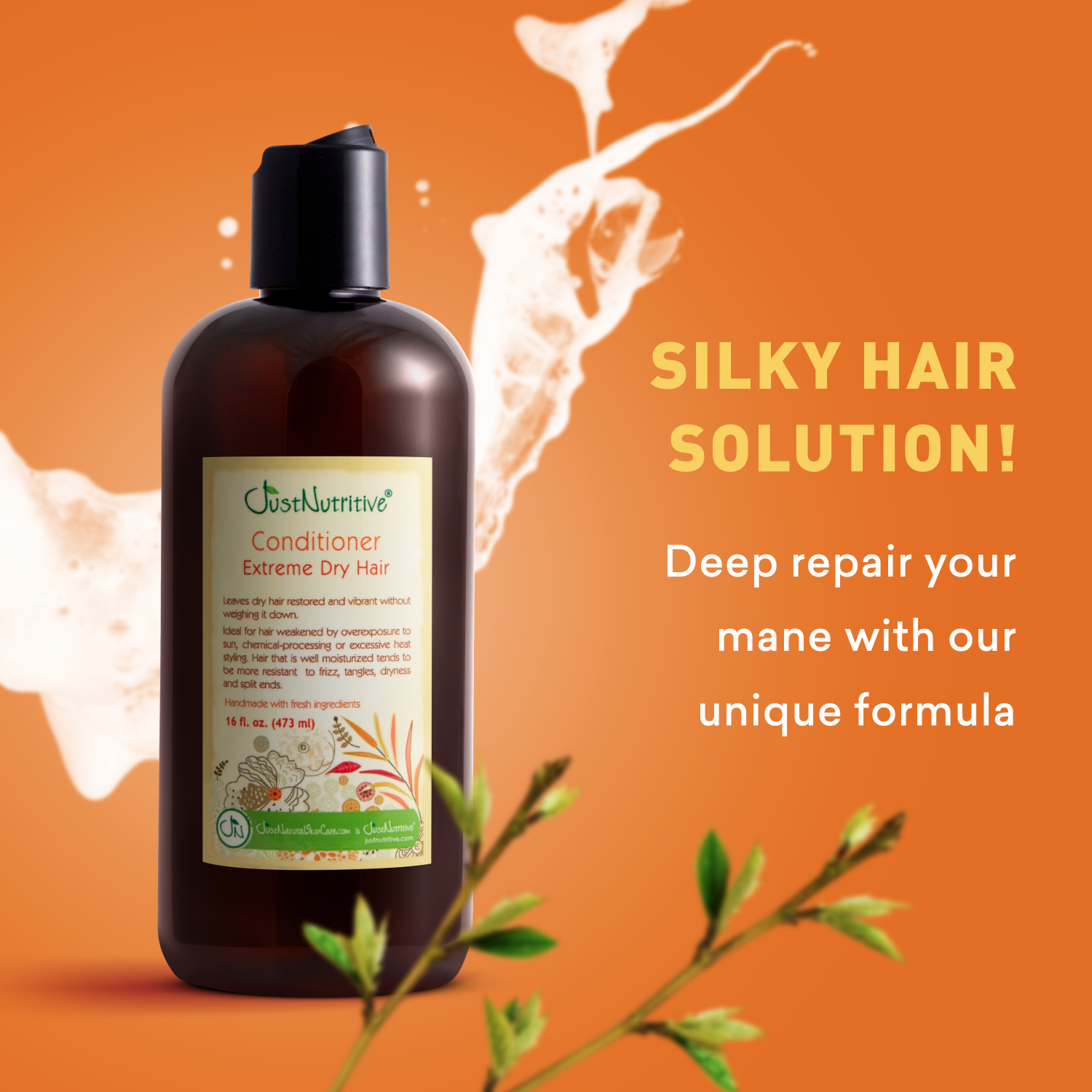 Bottle of hair conditioner with text on an orange background