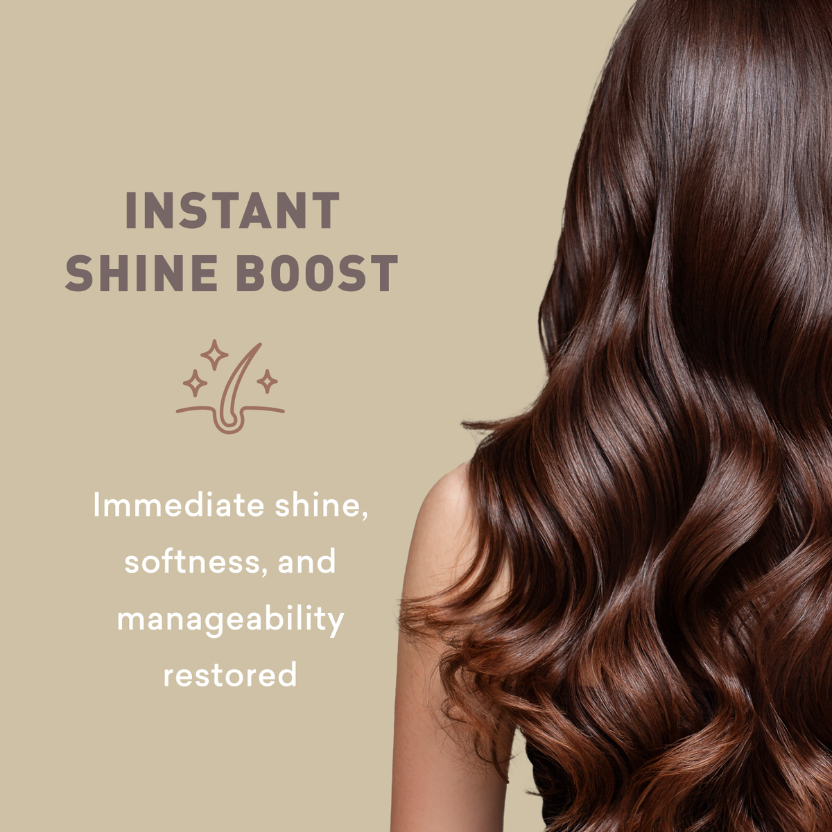 Woman with long, wavy hair on a beige background with text about instant shine boost.
