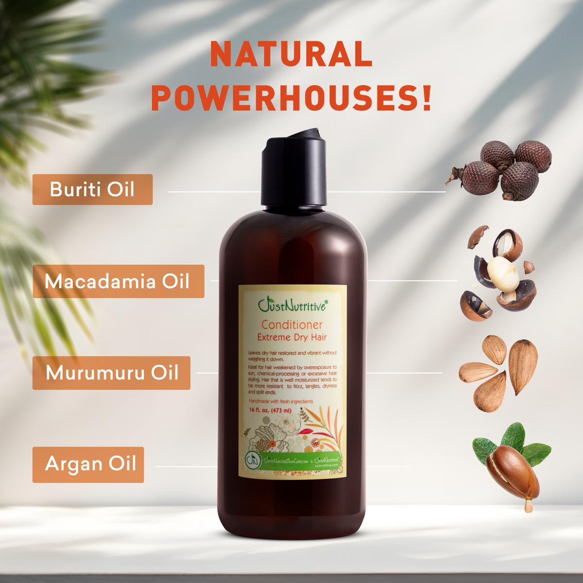 Shampoo bottle with natural oils ingredients on a light background