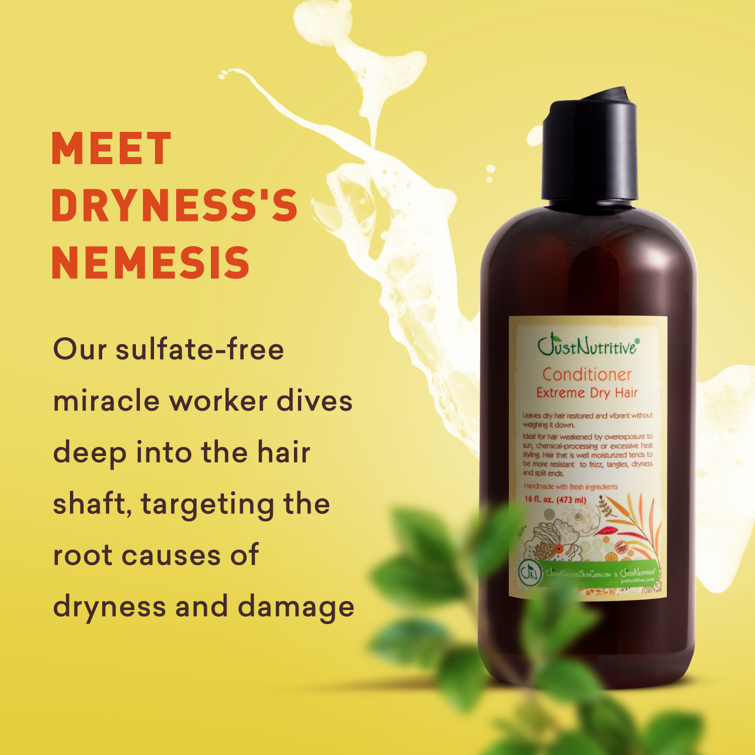 Bottle of conditioner with text on a yellow background