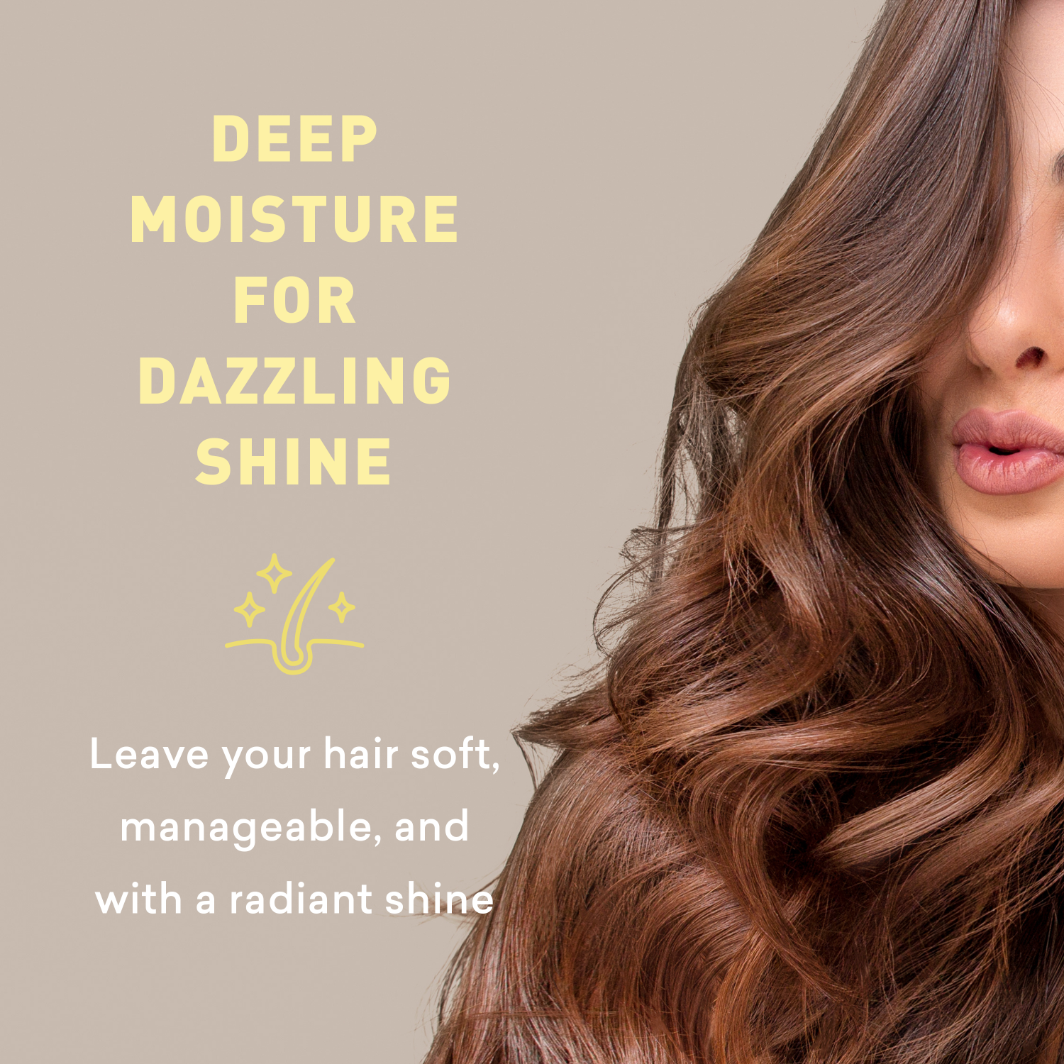 Woman with wavy hair on a beige background with text about hair care product benefits.