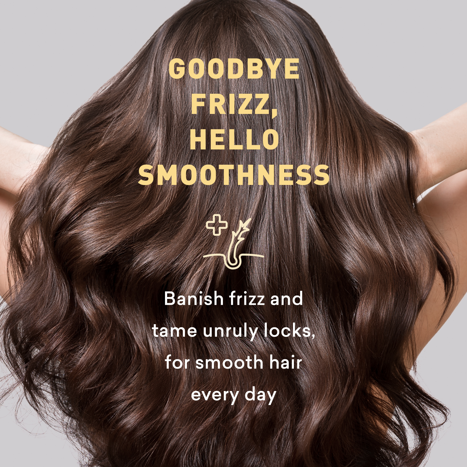Text overlay on smooth, wavy hair with 'Goodbye Frizz, Hello Smoothness' message.