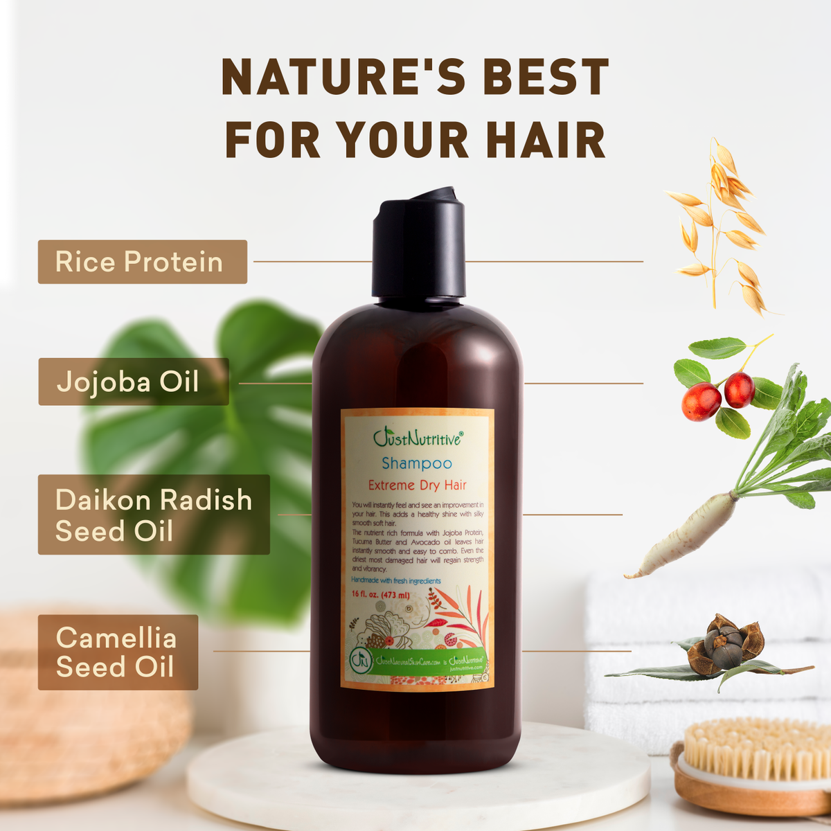 Shampoo bottle with natural ingredients and text on a white background