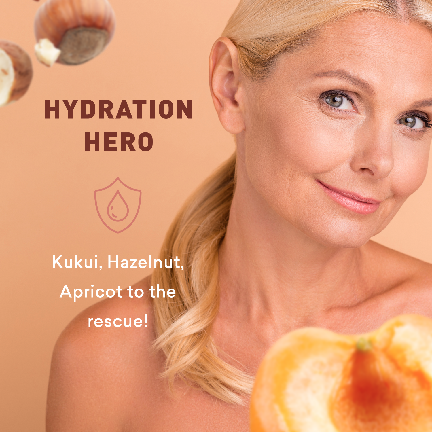 Woman with hydrated skin on a peach-colored background with text 'Hydration Hero' and images of nuts and apricots.