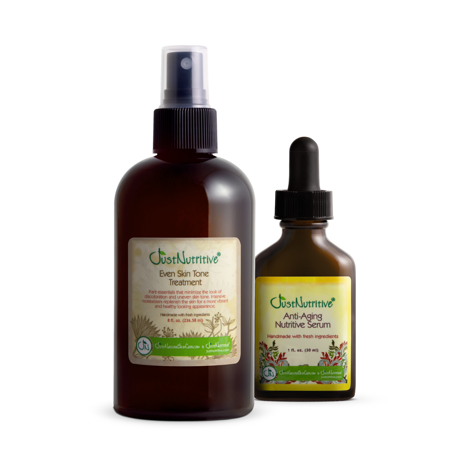 Two bottles of JustNutritive skincare products on a white background