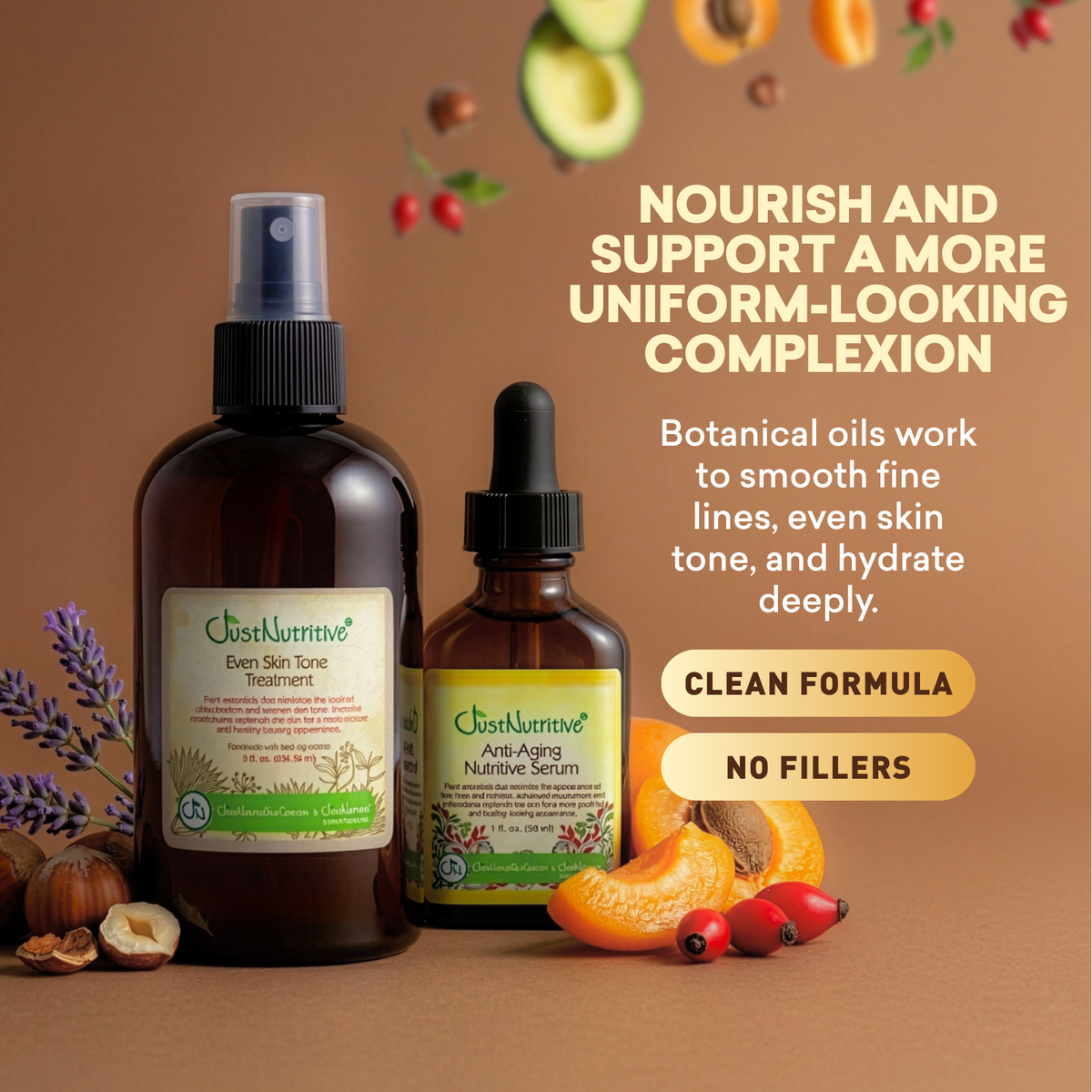 Two skincare bottles with botanical elements on a brown background