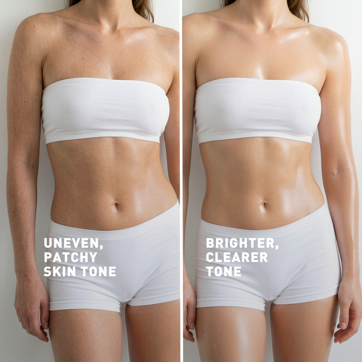 Before and after comparison of skin tone on a person wearing white underwear.
