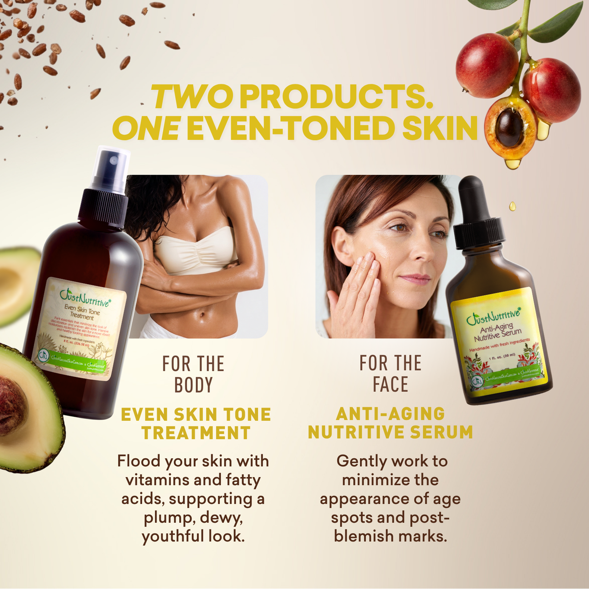 Advertisement for two skincare products with images of a woman and bottles on a beige background.
