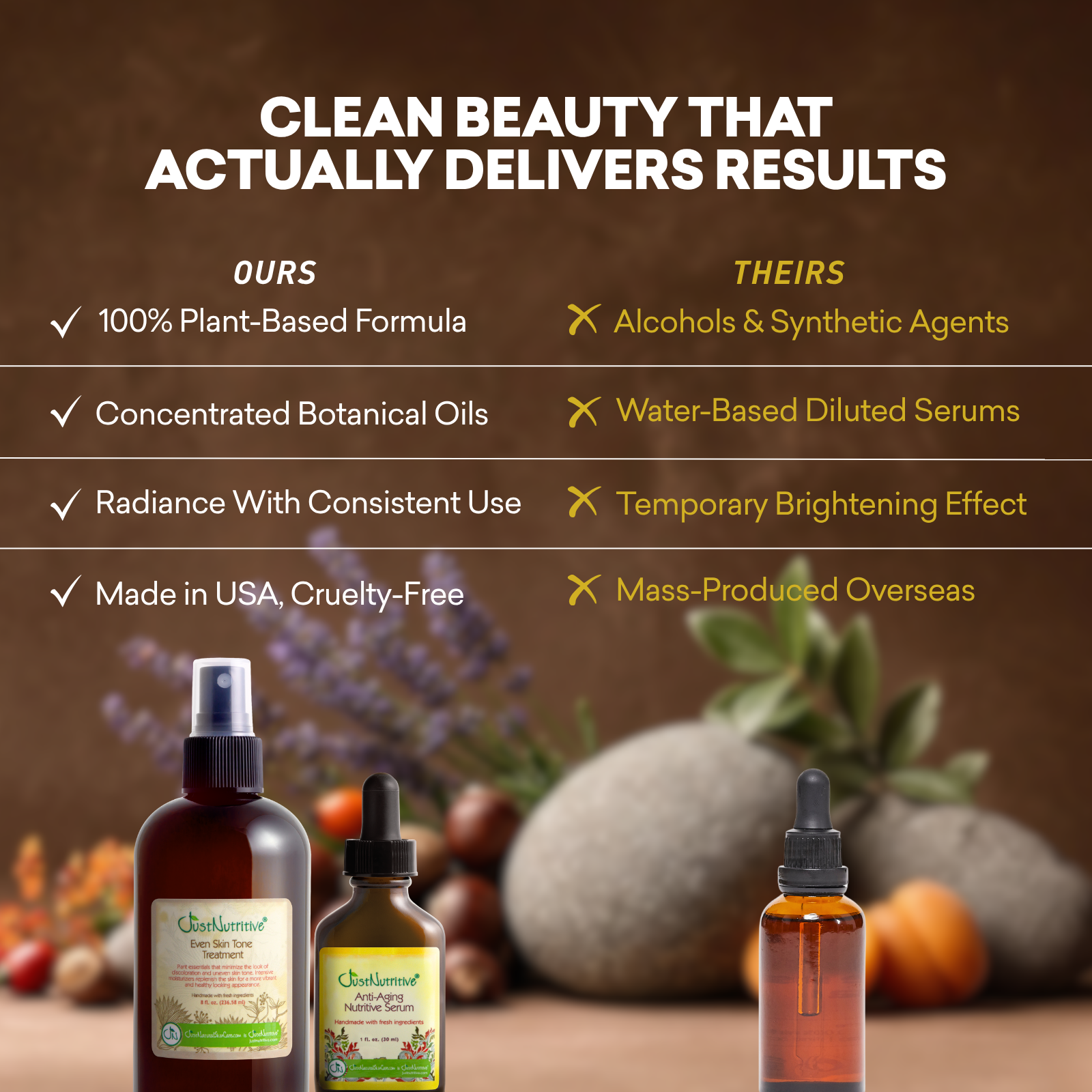 Cosmetic bottles with a comparison chart on a natural background