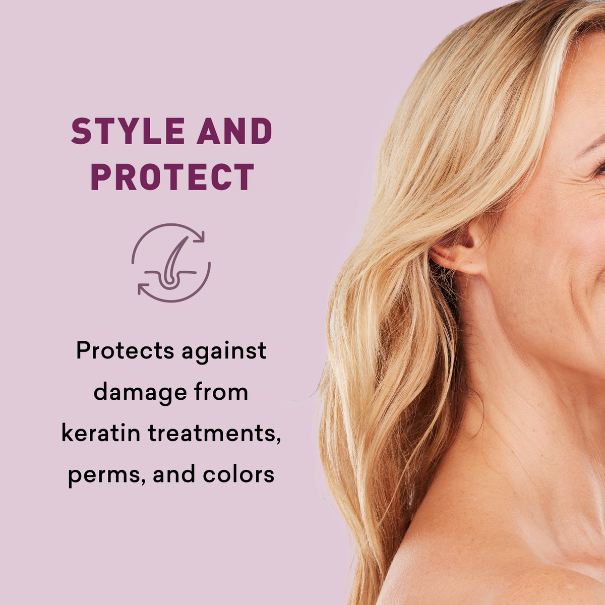 Woman with blonde hair against a pink background with text about hair protection.