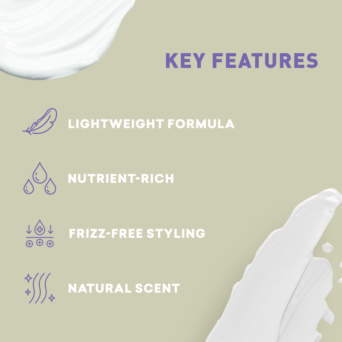 Key features of a hair care product on a beige background with white product application.