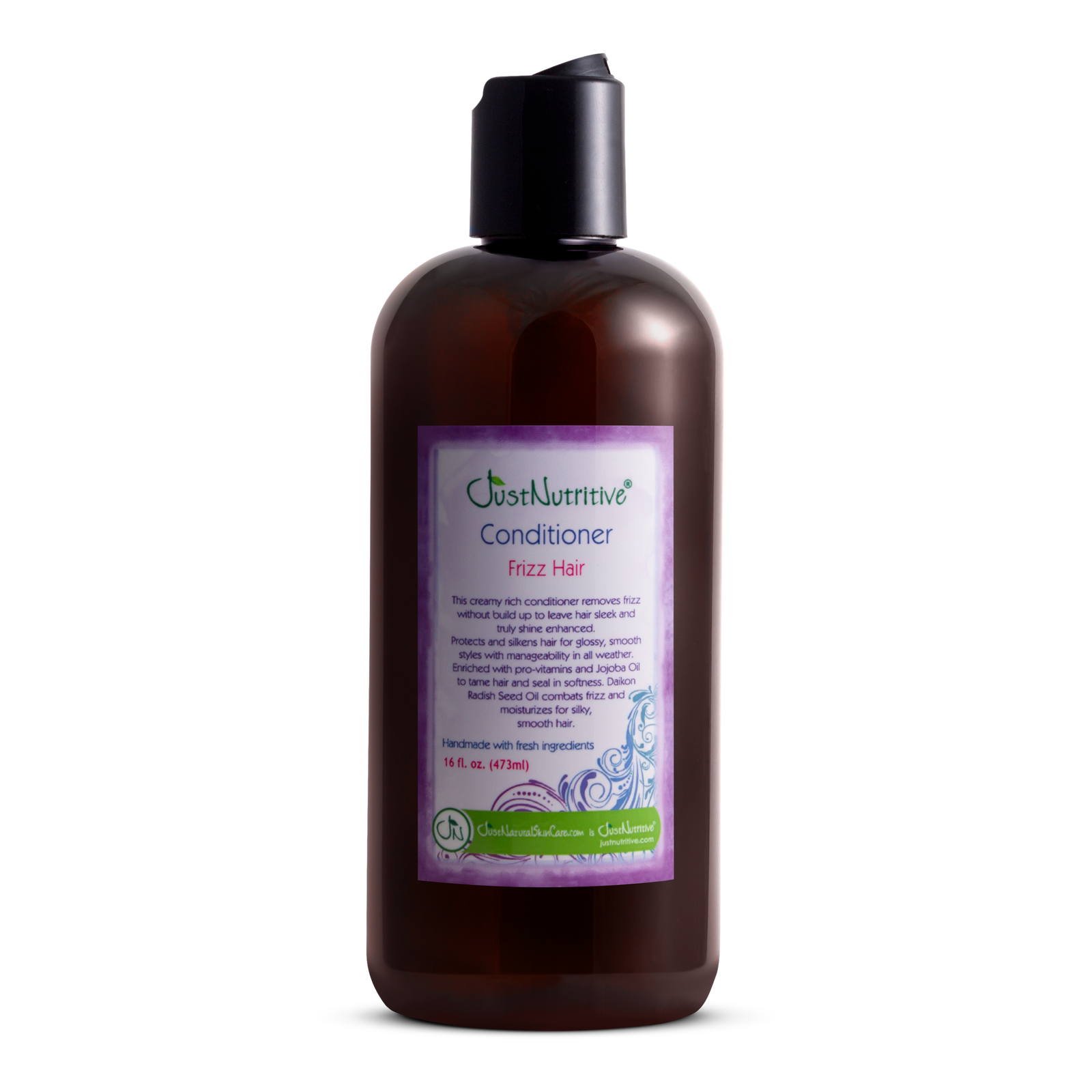 Brown bottle of hair conditioner with a purple label on a white background