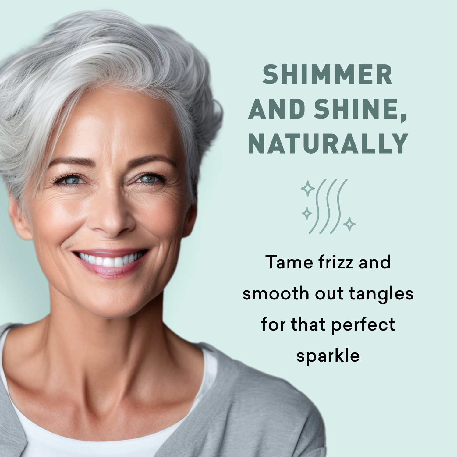 Woman with styled gray hair against a light blue background with text about hair care.
