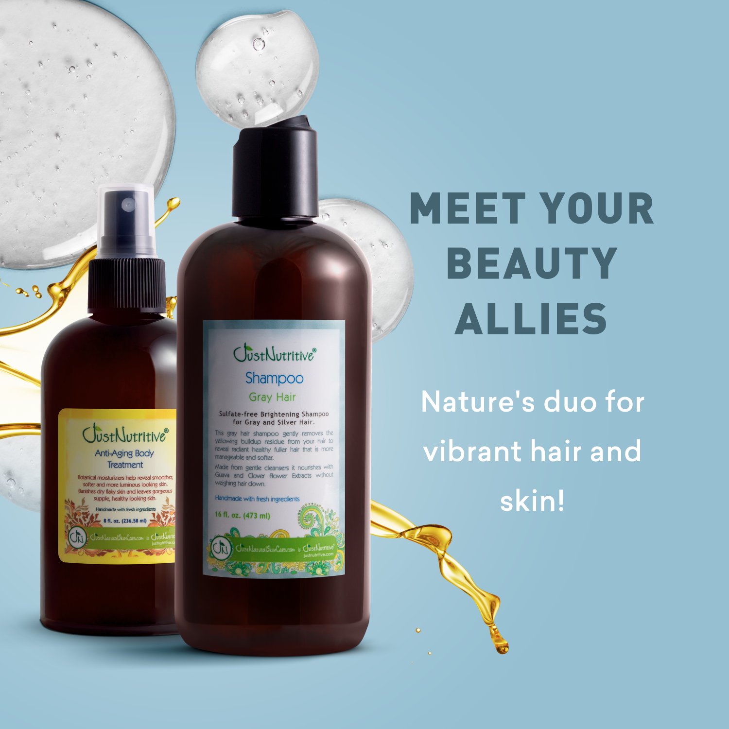 Two brown bottles of shampoo and body wash with labels on a light blue background, featuring text about beauty allies.