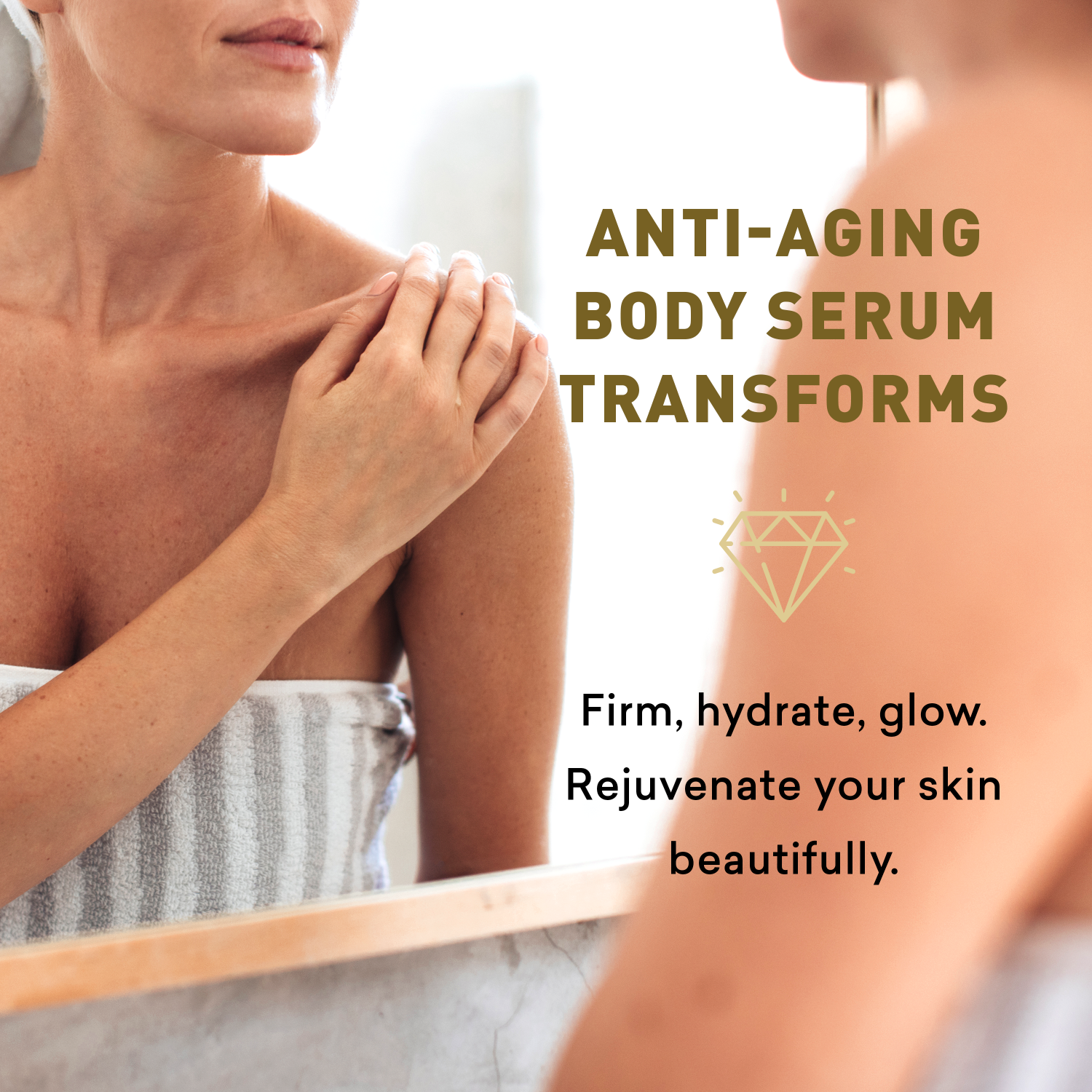 Person applying anti-aging body serum with text highlighting benefits