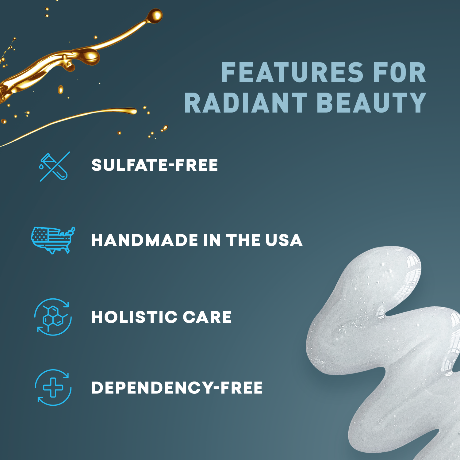 Product features for radiant beauty on a dark background with liquid and cream elements.