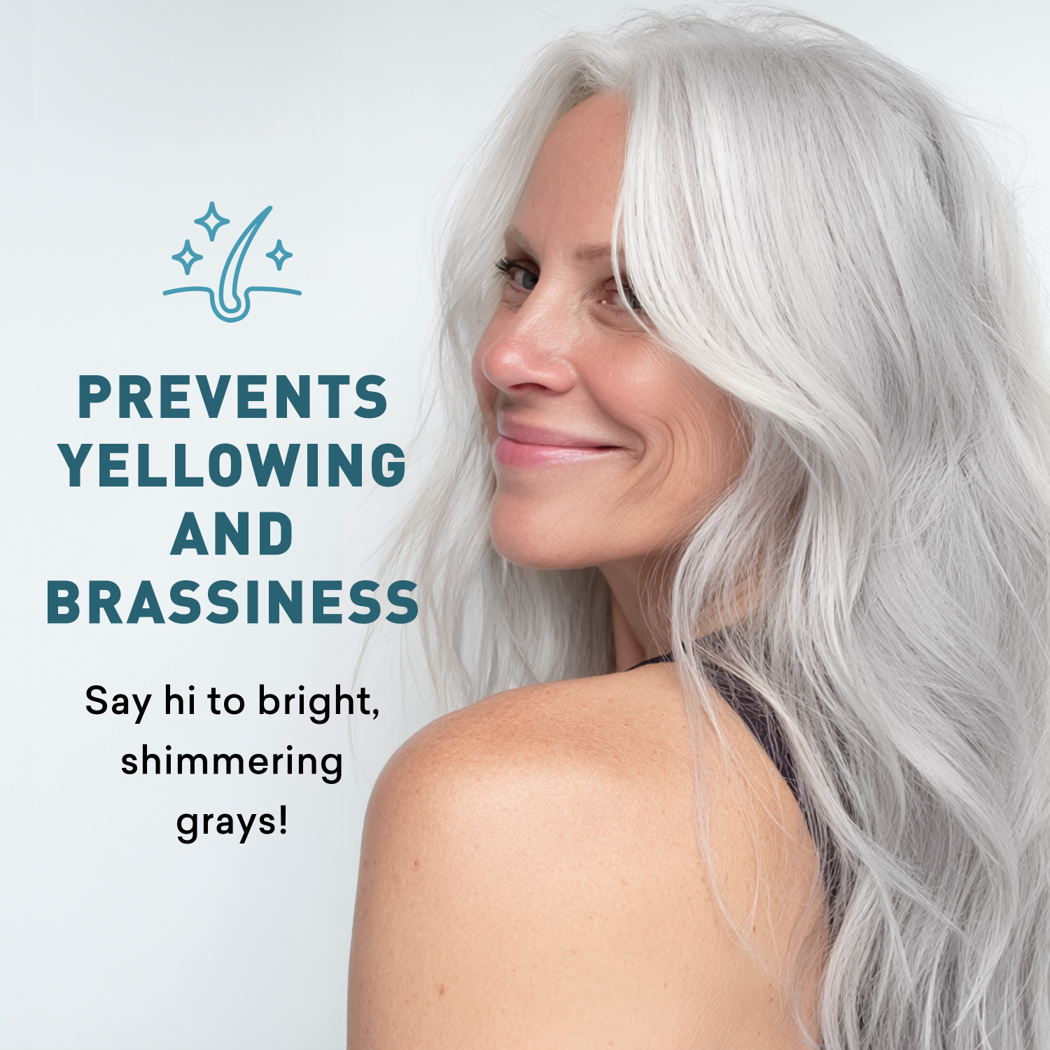 Woman with silver hair against a light gray background with text about hair care product benefits.