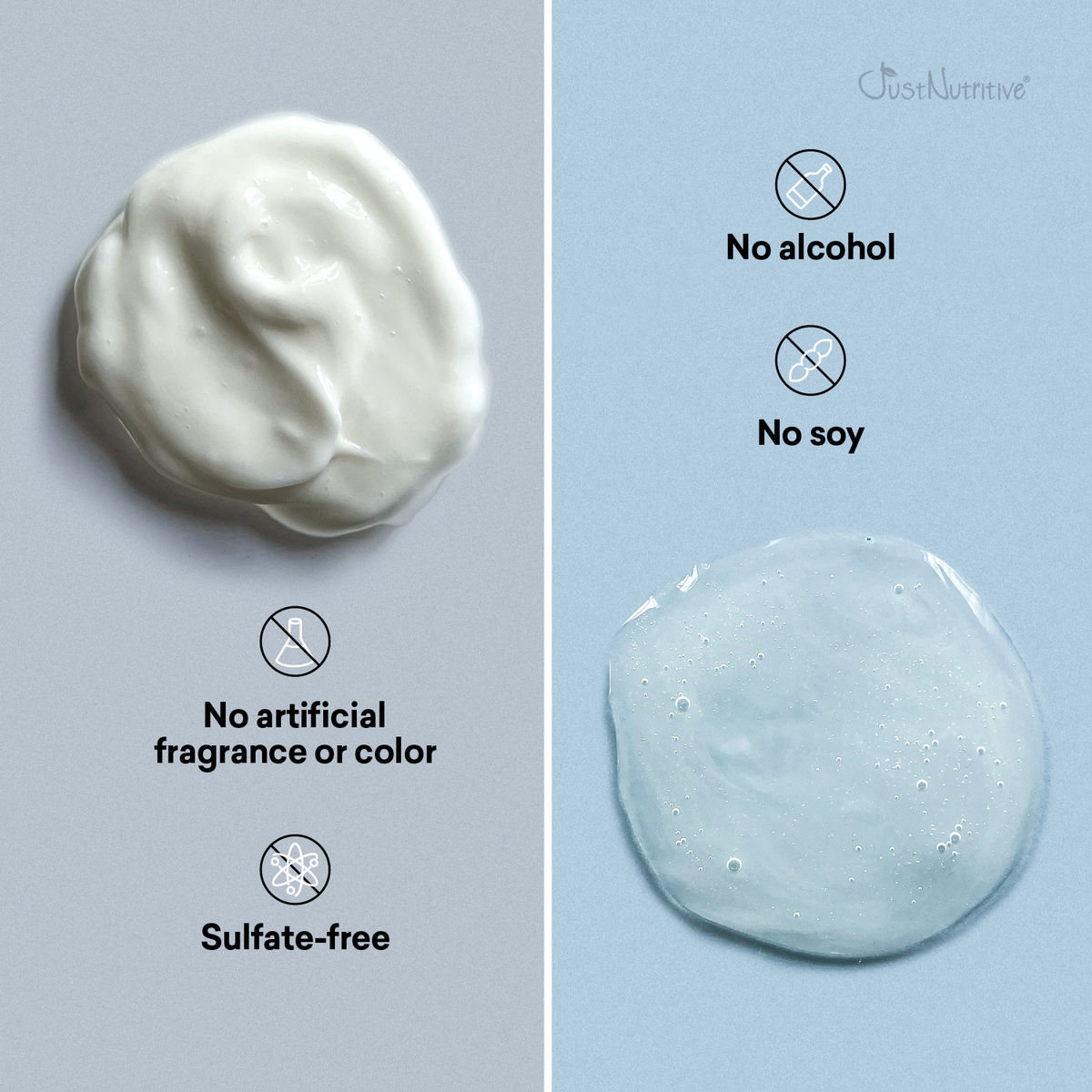 Two swatches of cream on a gray and blue background with icons and text indicating product features.