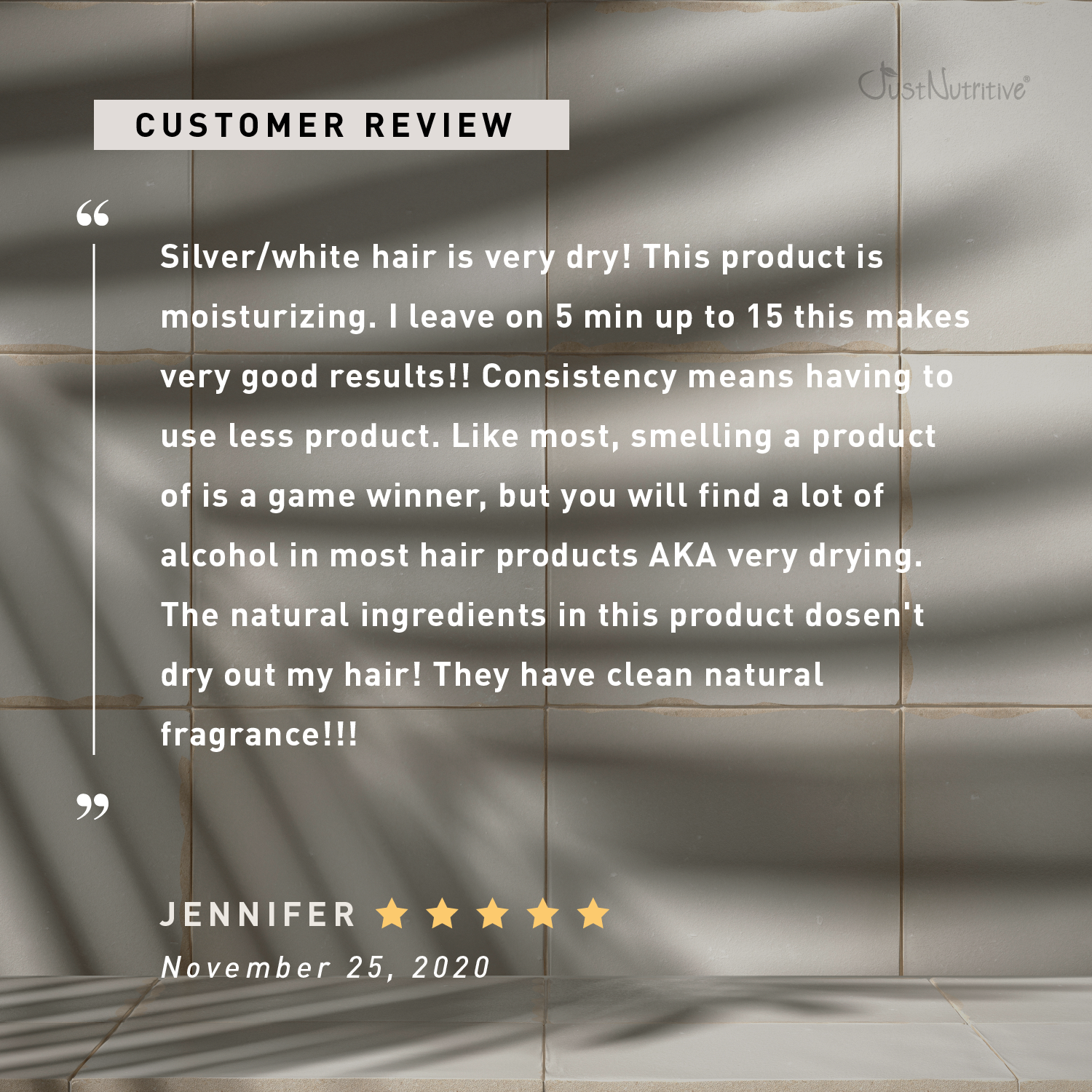 Customer review text on a textured gray background