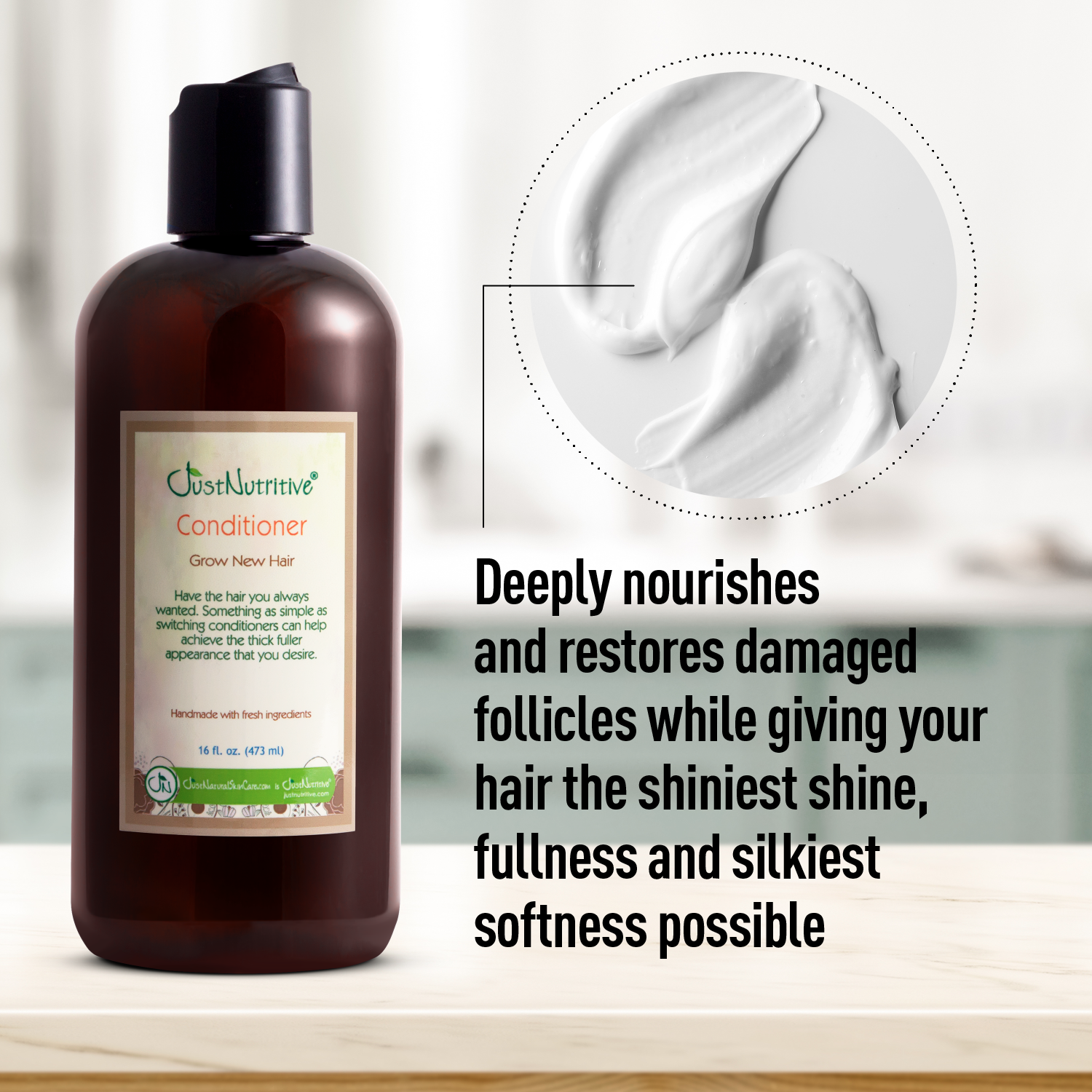 Conditioner bottle with product description text on a blurred background