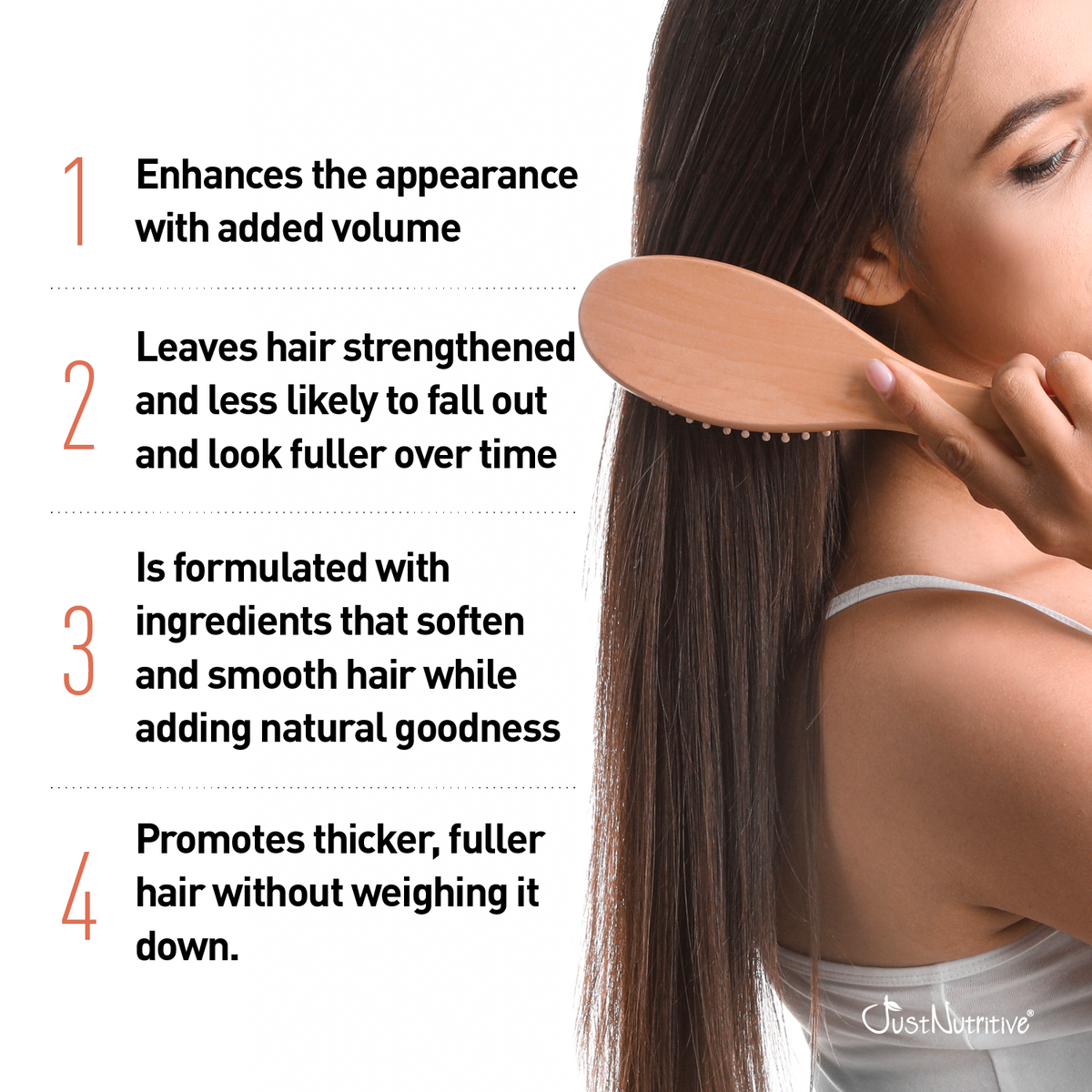 Woman brushing her hair with a wooden comb, featuring text about hair product benefits.