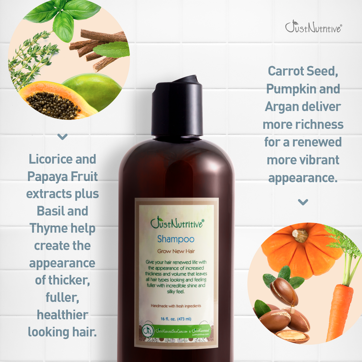 Just Nutritive shampoo bottle with ingredients listed on a white background