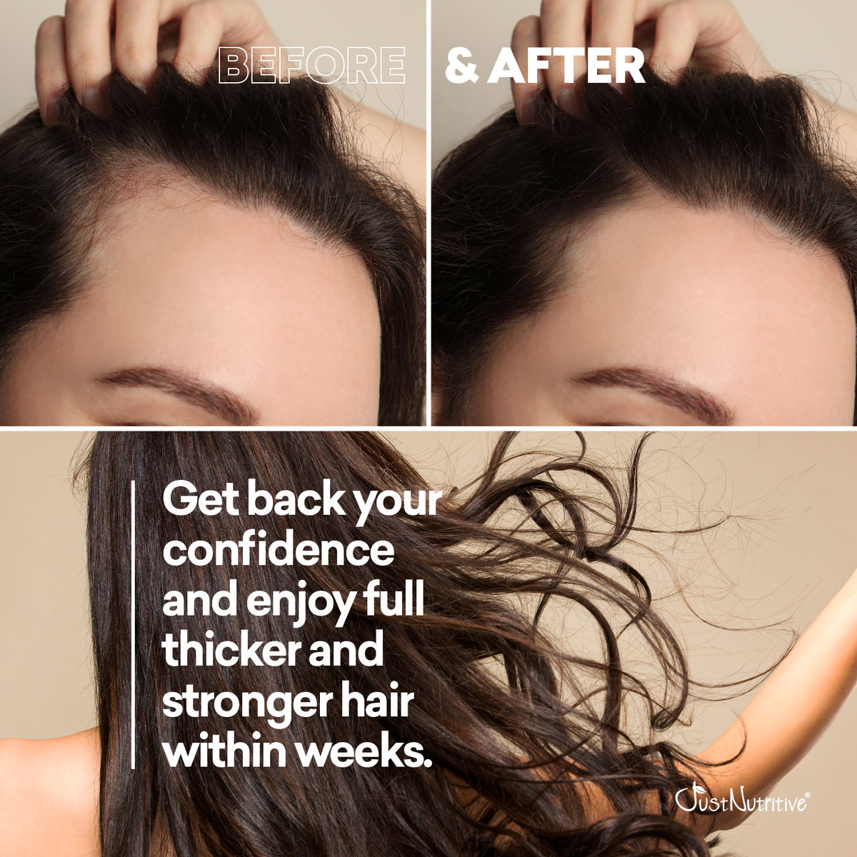 Before and after comparison of hair thickness and strength with a promotional message.