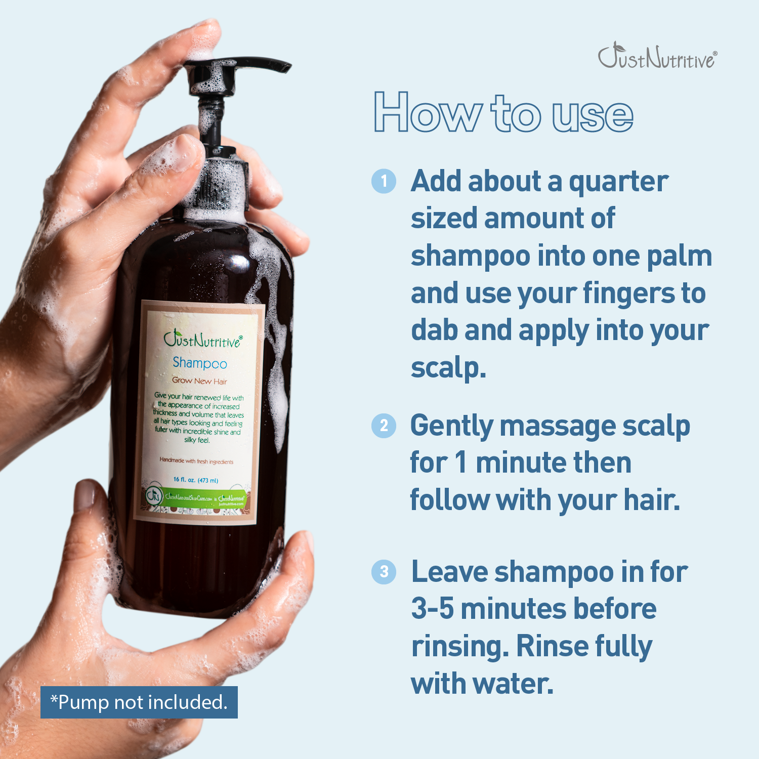 Shampoo bottle with usage instructions on a light blue background