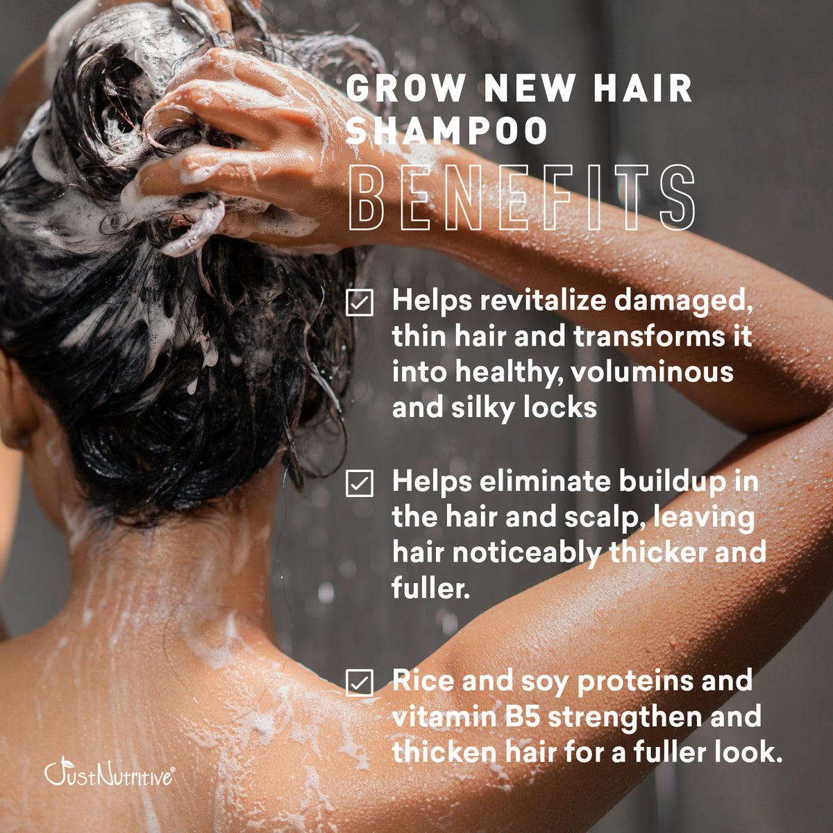 Person washing hair with text about shampoo benefits and brand name.