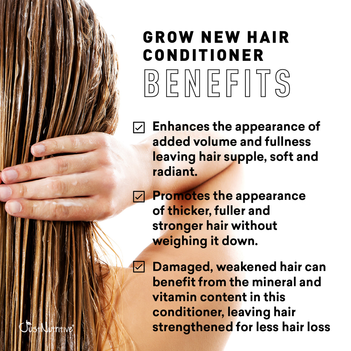 Text detailing benefits of a hair conditioner with a person holding their hair.
