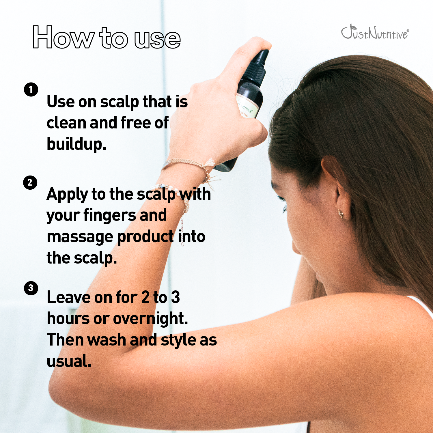 Person applying a scalp care product with text on how to use it