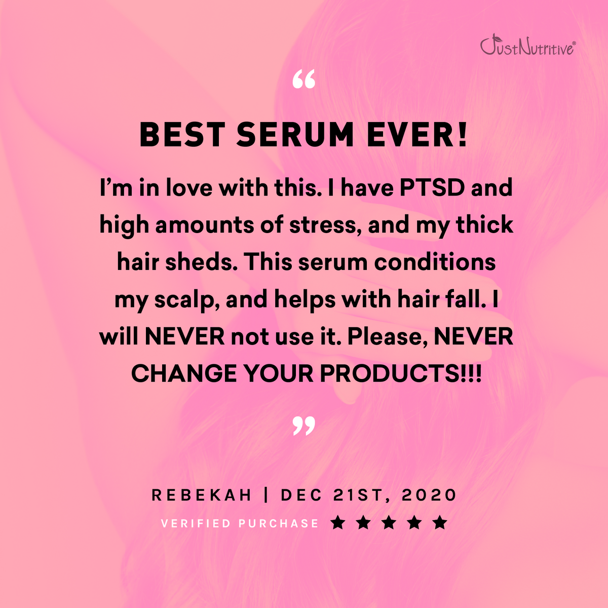 Product review with text on a pink gradient background