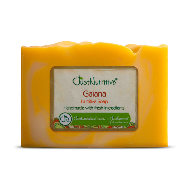 Yellow soap bar with a label on a white background