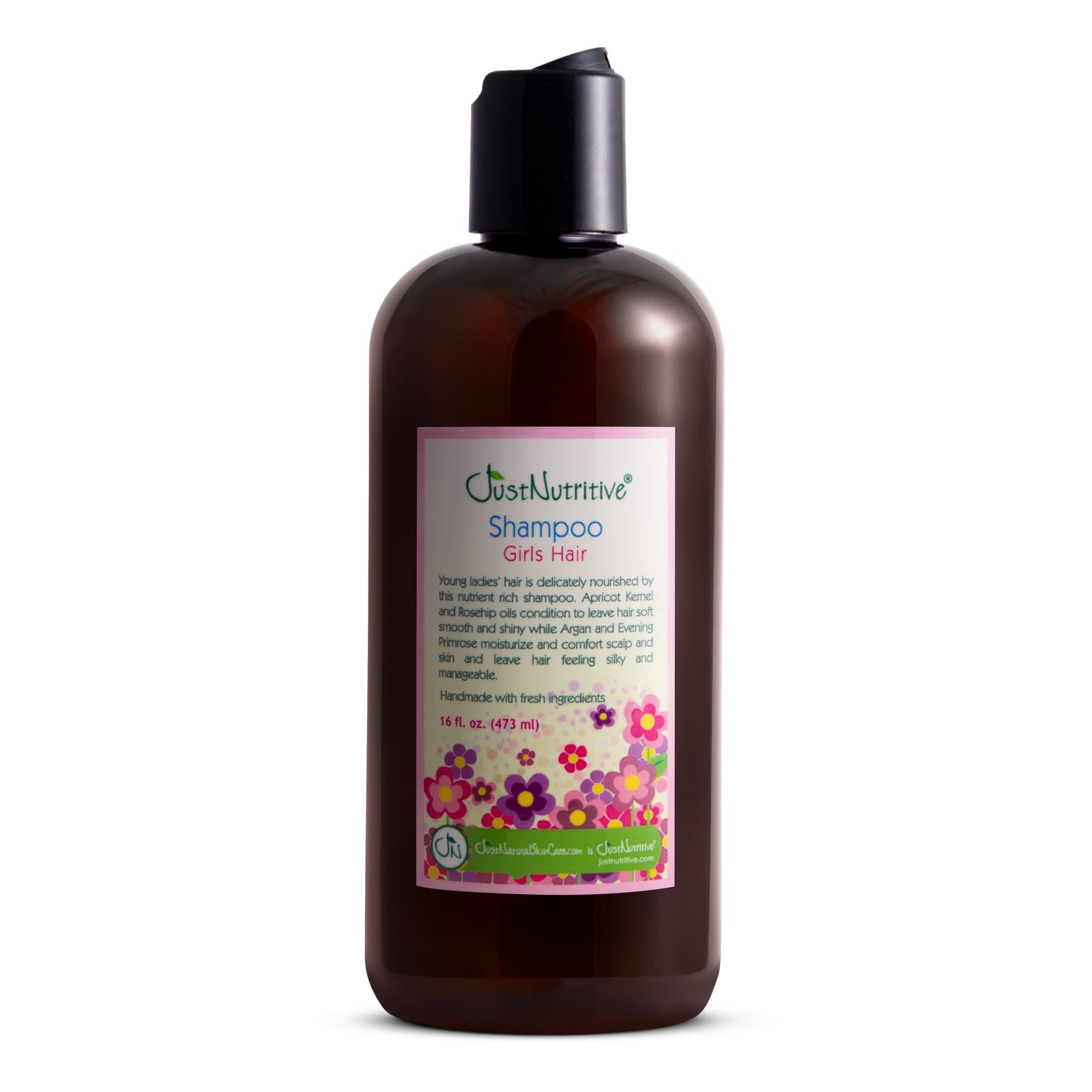 Brown shampoo bottle with a colorful label on a white background