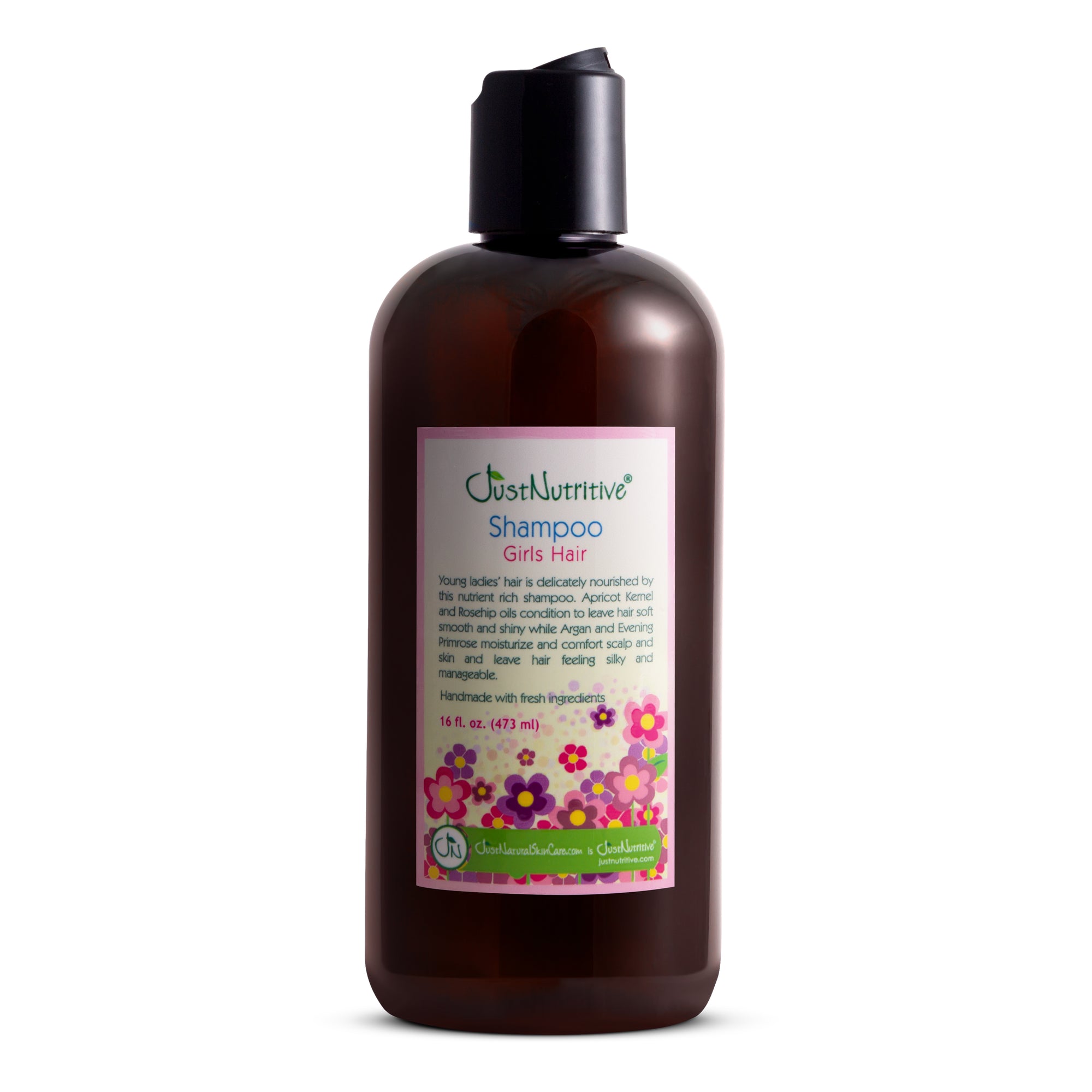 Brown shampoo bottle with a colorful label on a white background