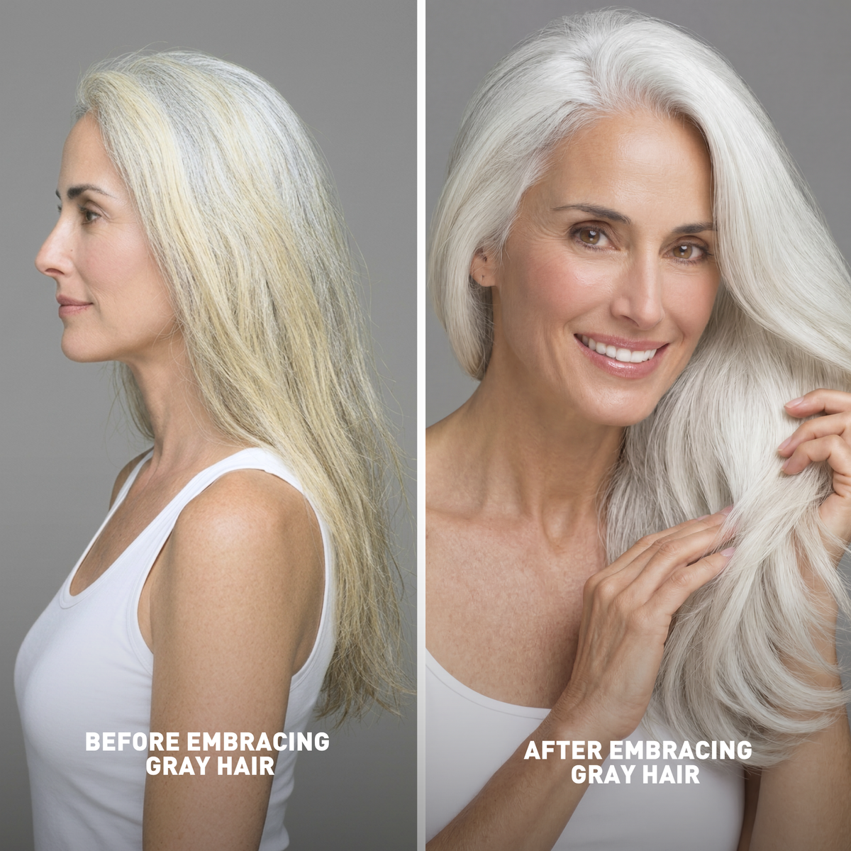 Before and after comparison of a woman embracing gray hair.