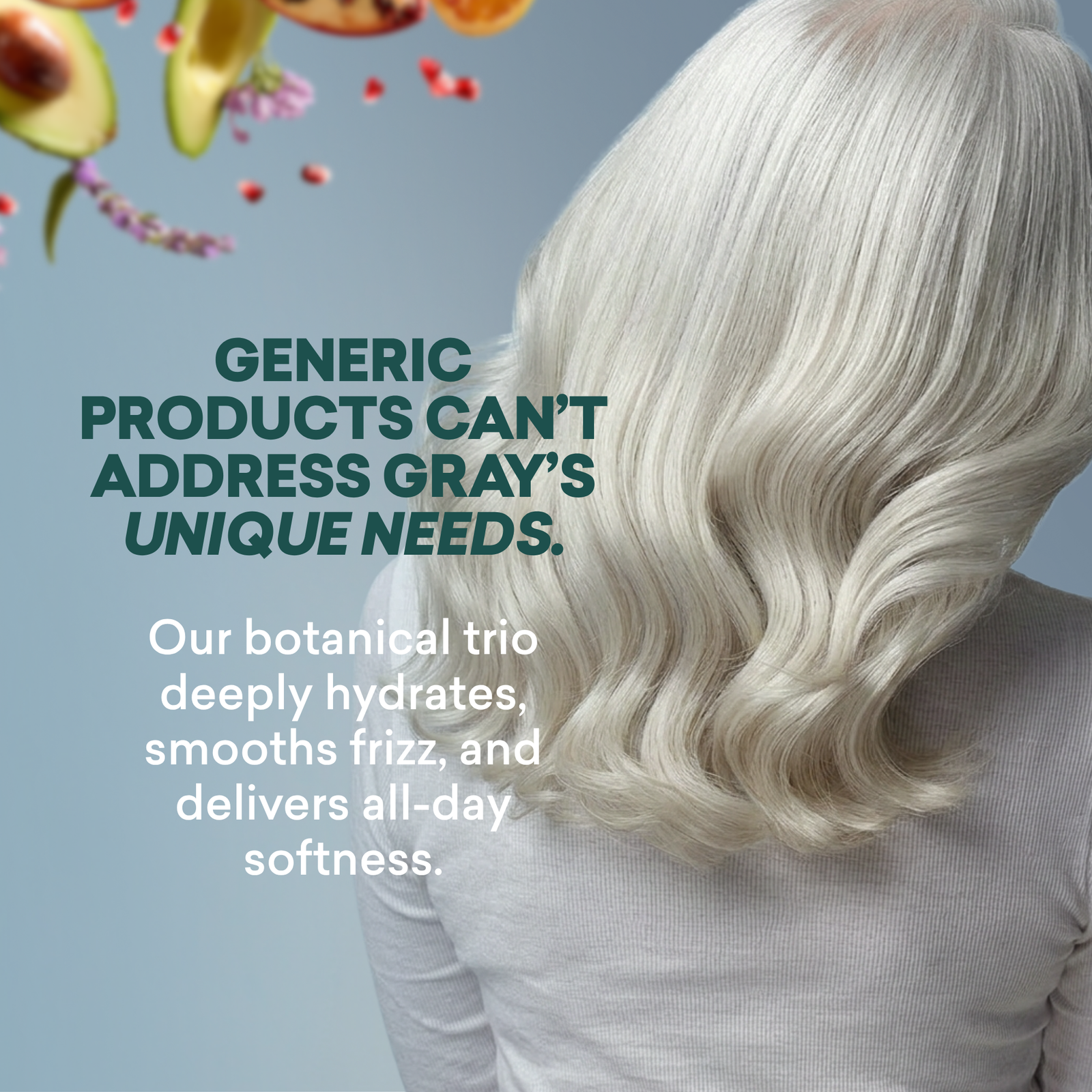 Person with blonde hair against a light blue background with text about hair care products.