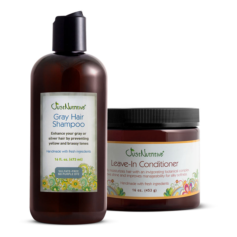 Just Nutrive Gray Hair Shampoo and Leave-In Conditioner on a white background
