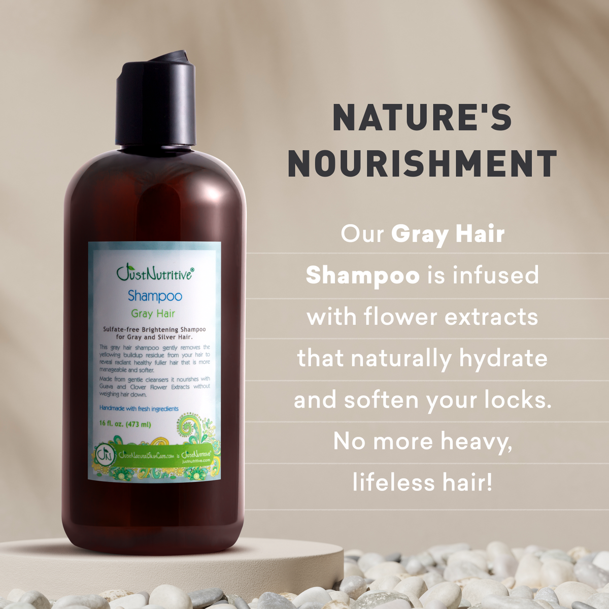 Bottle of gray hair shampoo with text about natural ingredients on a neutral background